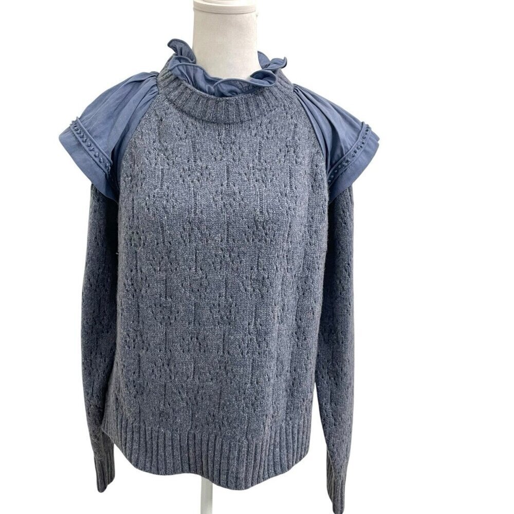 SEA New York Wool Blend Ruffle Sleeve Pointelle Knit Sweater Blue size Large